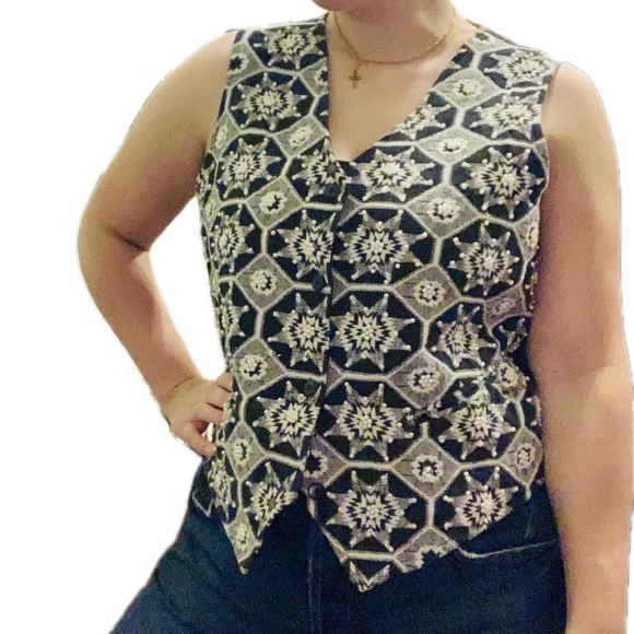 Vintage Pearl Beaded Black White Tapestry Grandpa Vest Star Festive M - Picture 3 of 12